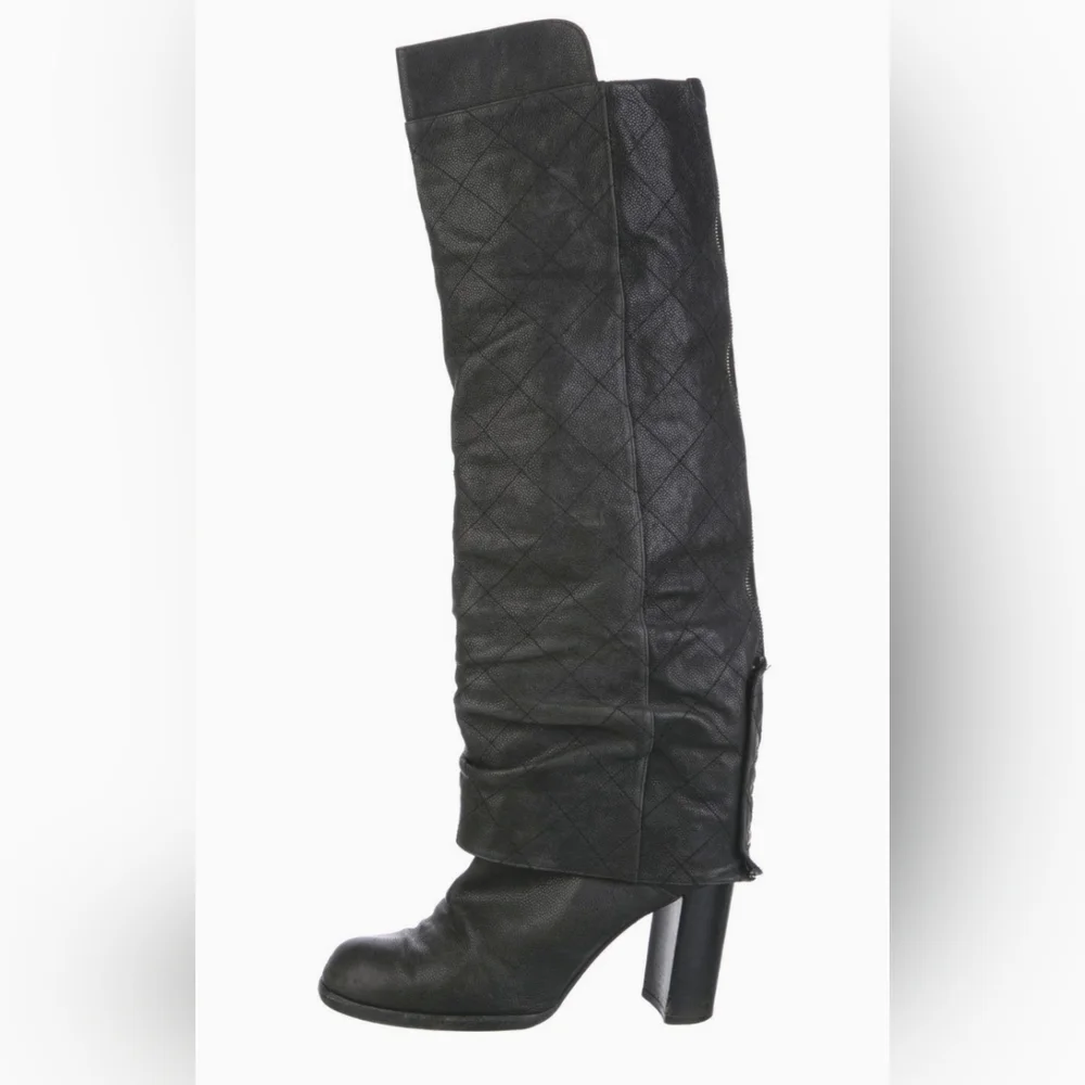 Rare! Chanel Quilted CC Over The Knee Black Leather Boots Size 10.5 US Women - Picture 1 of 16